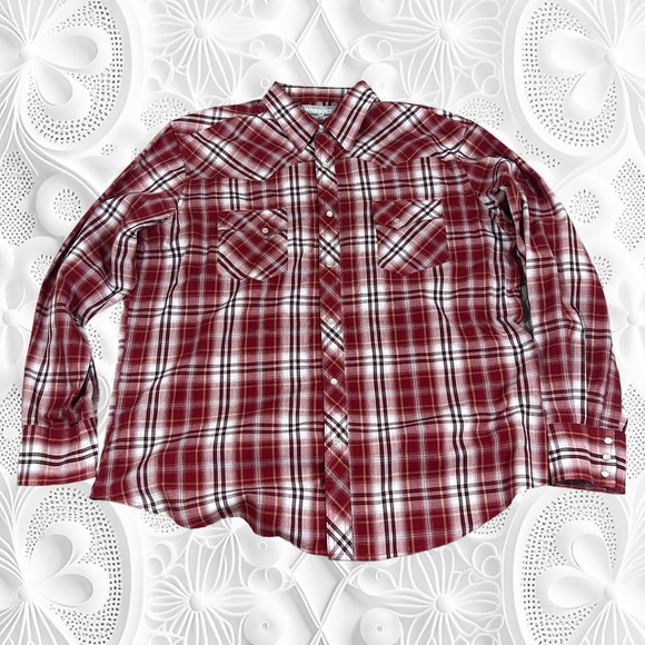Wrangler Men's XL Wrancher Shirt Pearl Snap Red Plaid Cowboy Tiny Spot See Pics - Picture 1 of 12
